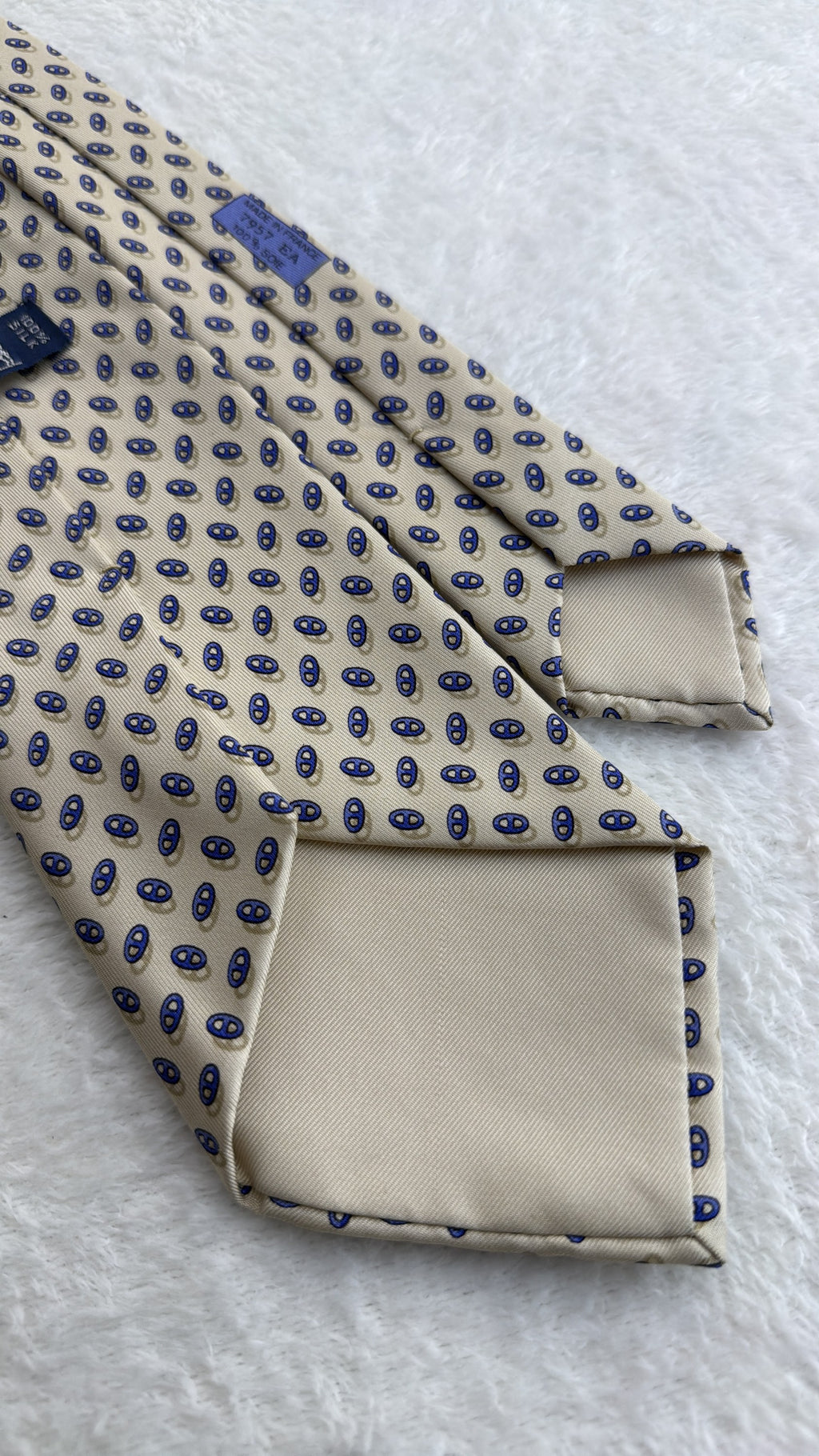 Hermès Paris Silk Tie Novelty/Motif Ivory Blue Necktie Made in France
