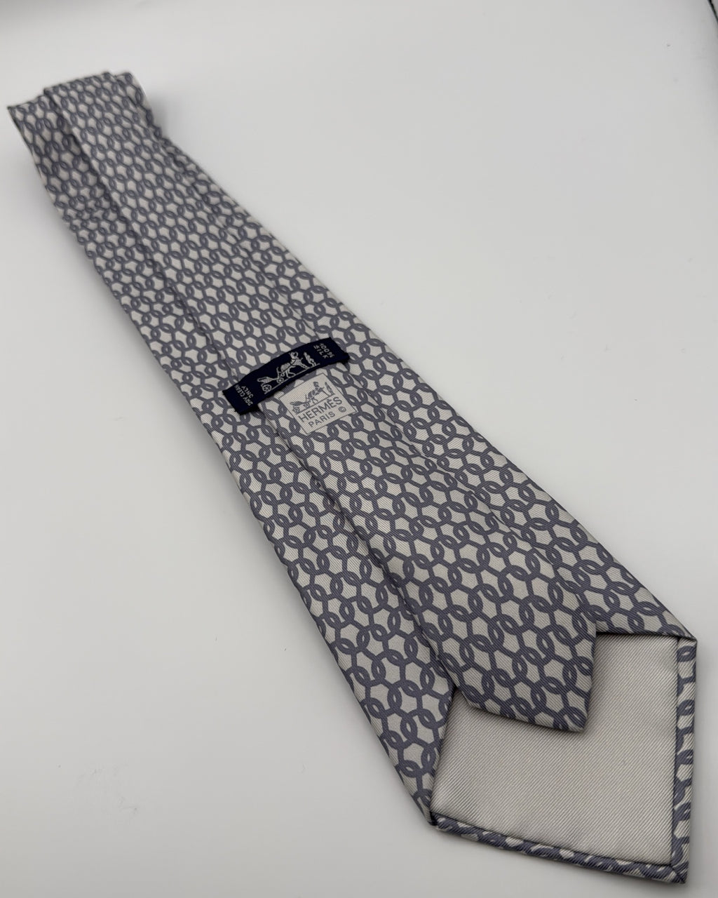Hermès Paris Silk Tie 5231 SA Geometric White Grey Necktie Made in France