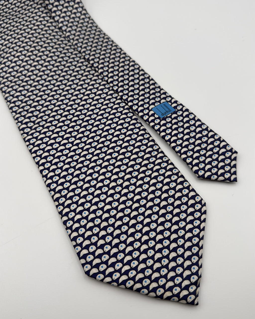 Alfred Dunhill Silk Tie Geometric Stylized Eye/droplet Shapes Navy White Necktie