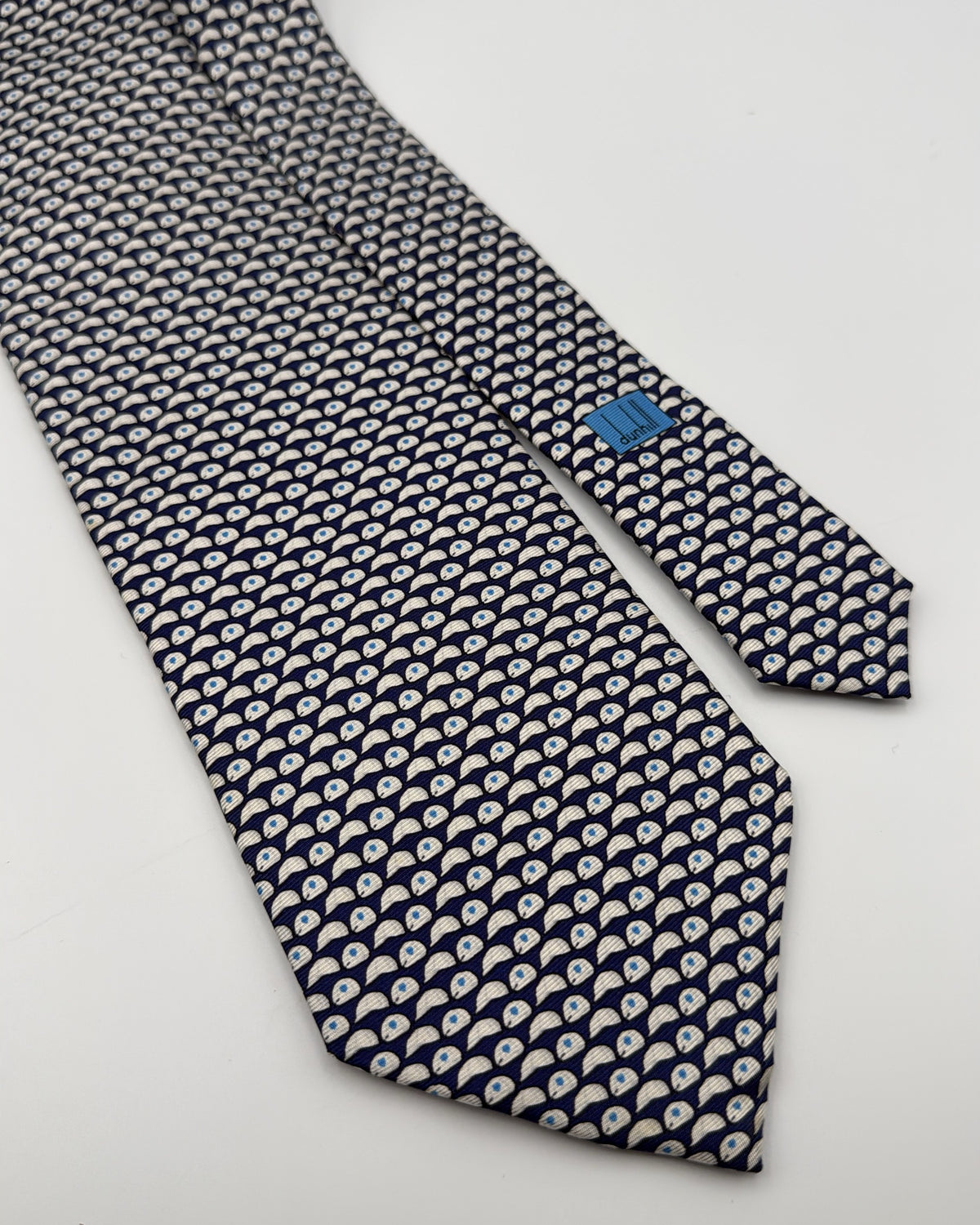 Alfred Dunhill Silk Tie Geometric Stylized Eye/droplet Shapes Navy White Necktie
