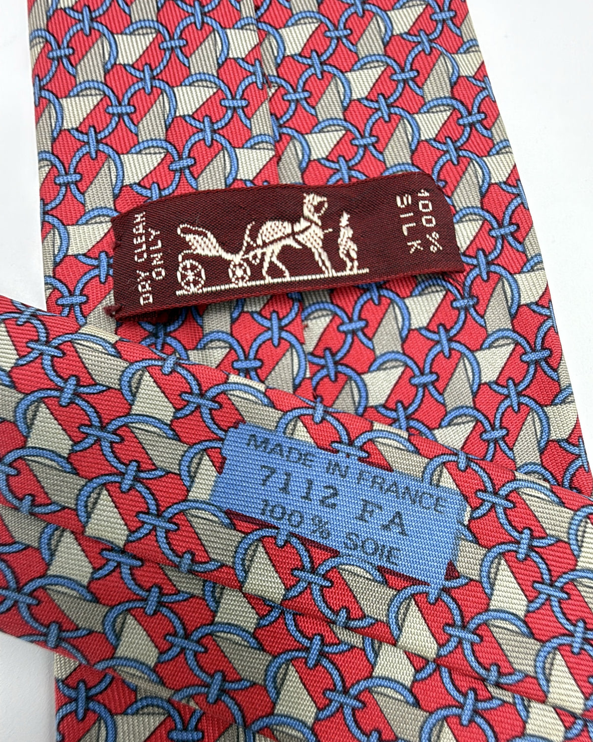 Hermès Paris Silk Tie 7112 FA Geometric Chain Red Blue Necktie Made in France