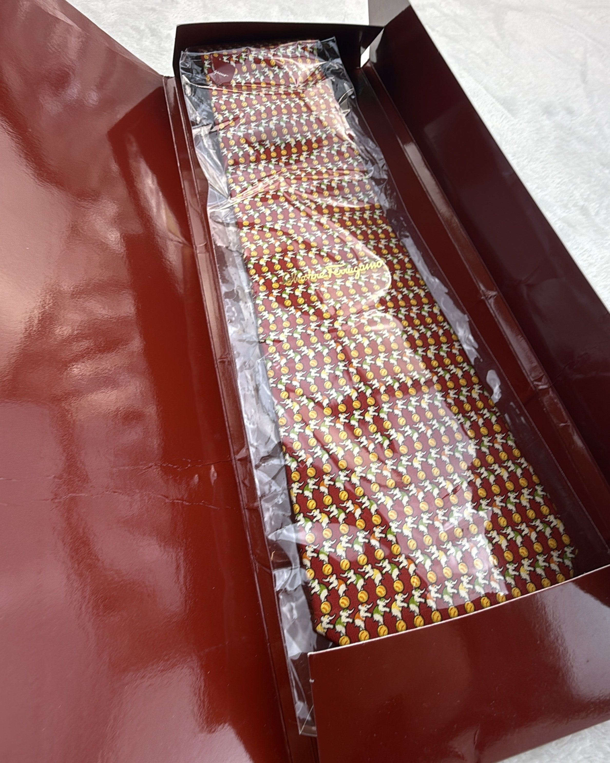 Salvatore Ferragamo Silk Tie Novelty/Motif Burgundy Yellow Necktie Made in Italy