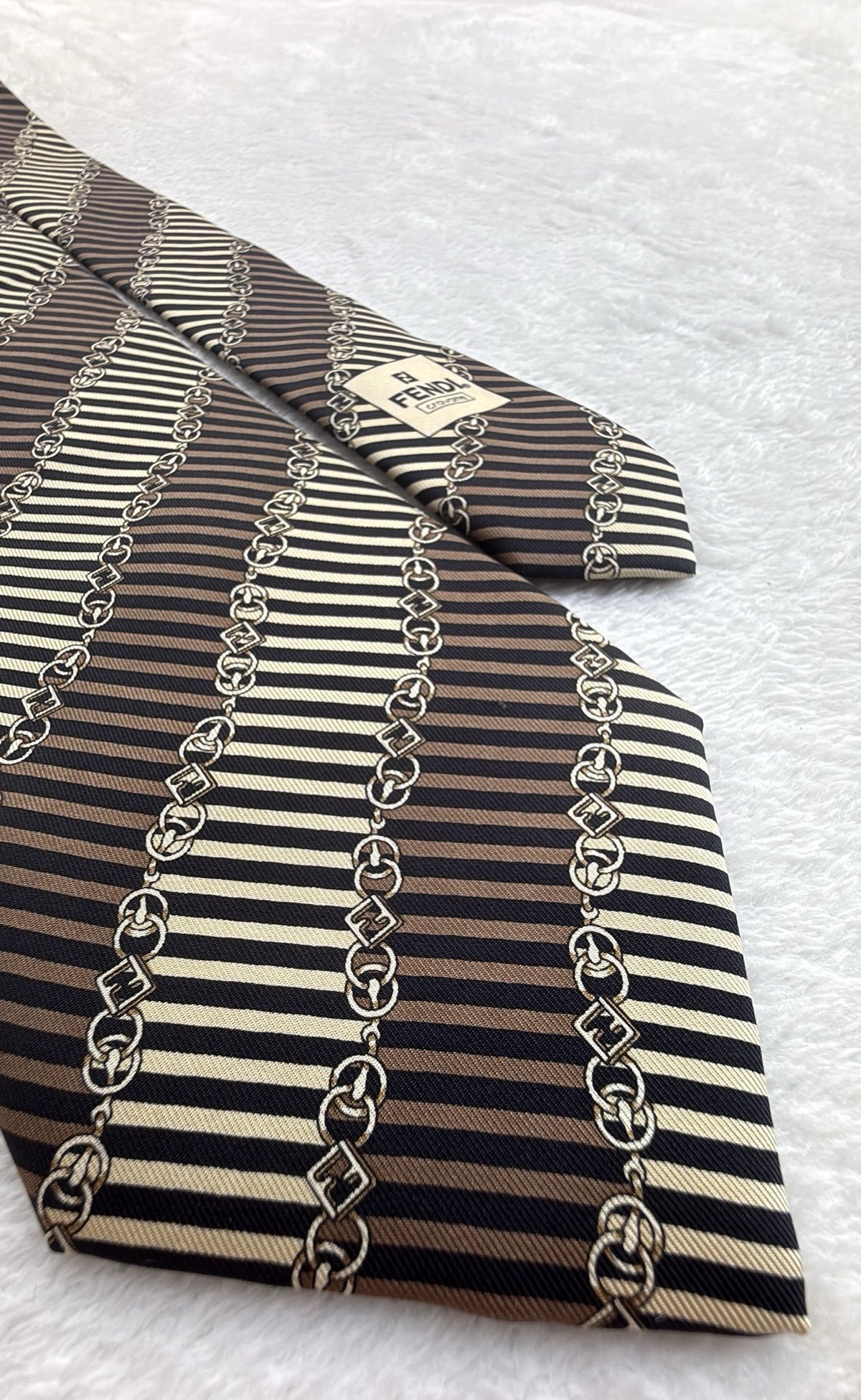 Fendi Silk Tie Striped Brown Beige Necktie Made in Italy