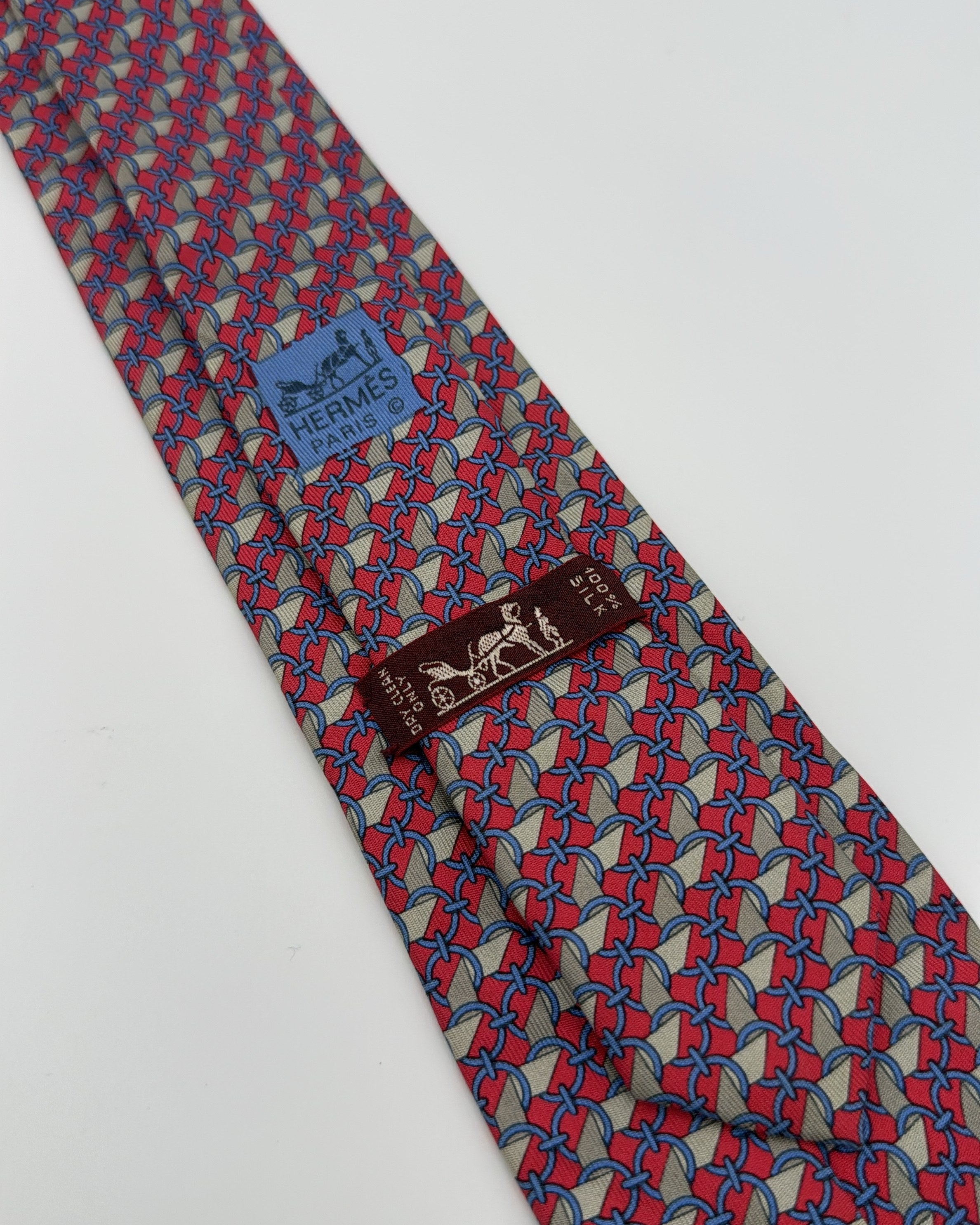 Hermès Paris Silk Tie 7112 FA Geometric Chain Red Blue Necktie Made in France