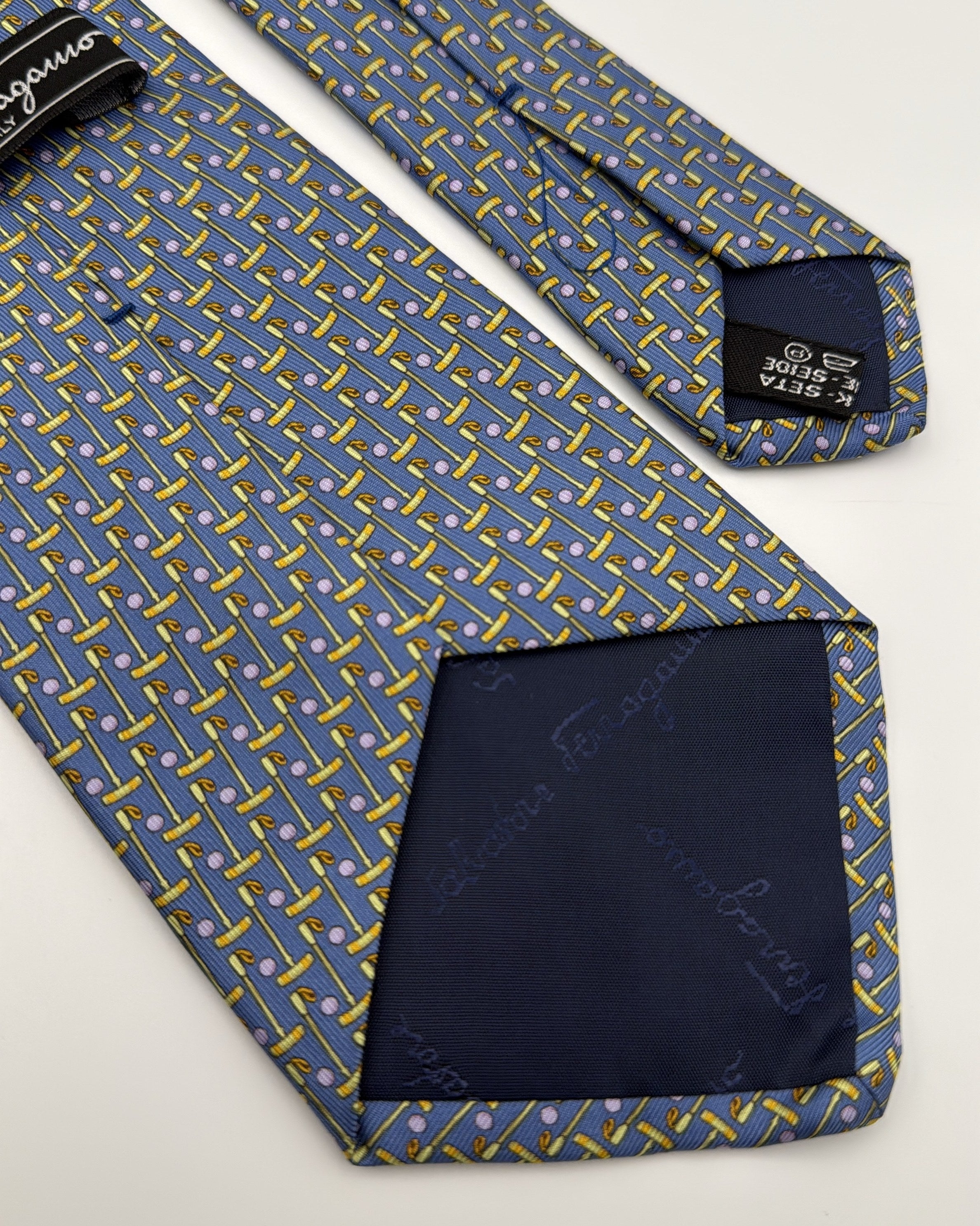 Salvatore Ferragamo Silk Tie Novelty/Motif Golf Blue Yellow Necktie