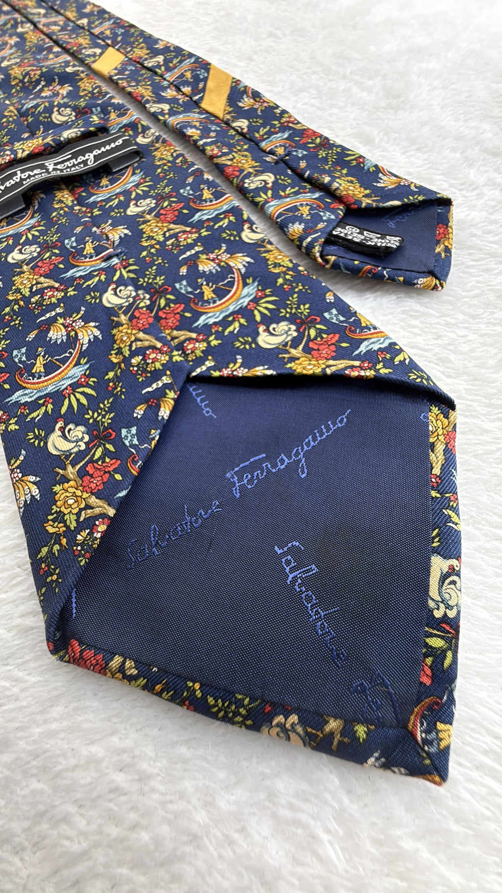 Salvatore Ferragamo Silk Tie Flowers Navy Multicolor Necktie Made in Italy