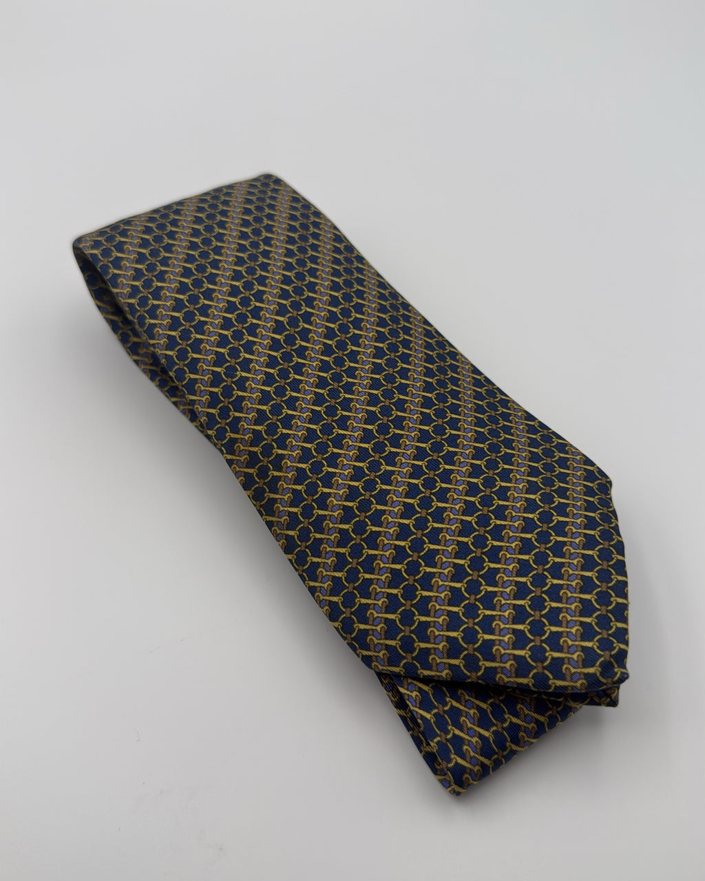 Hermès Paris Silk Tie 7200 UA Geometric Navy Gold Necktie Made in France