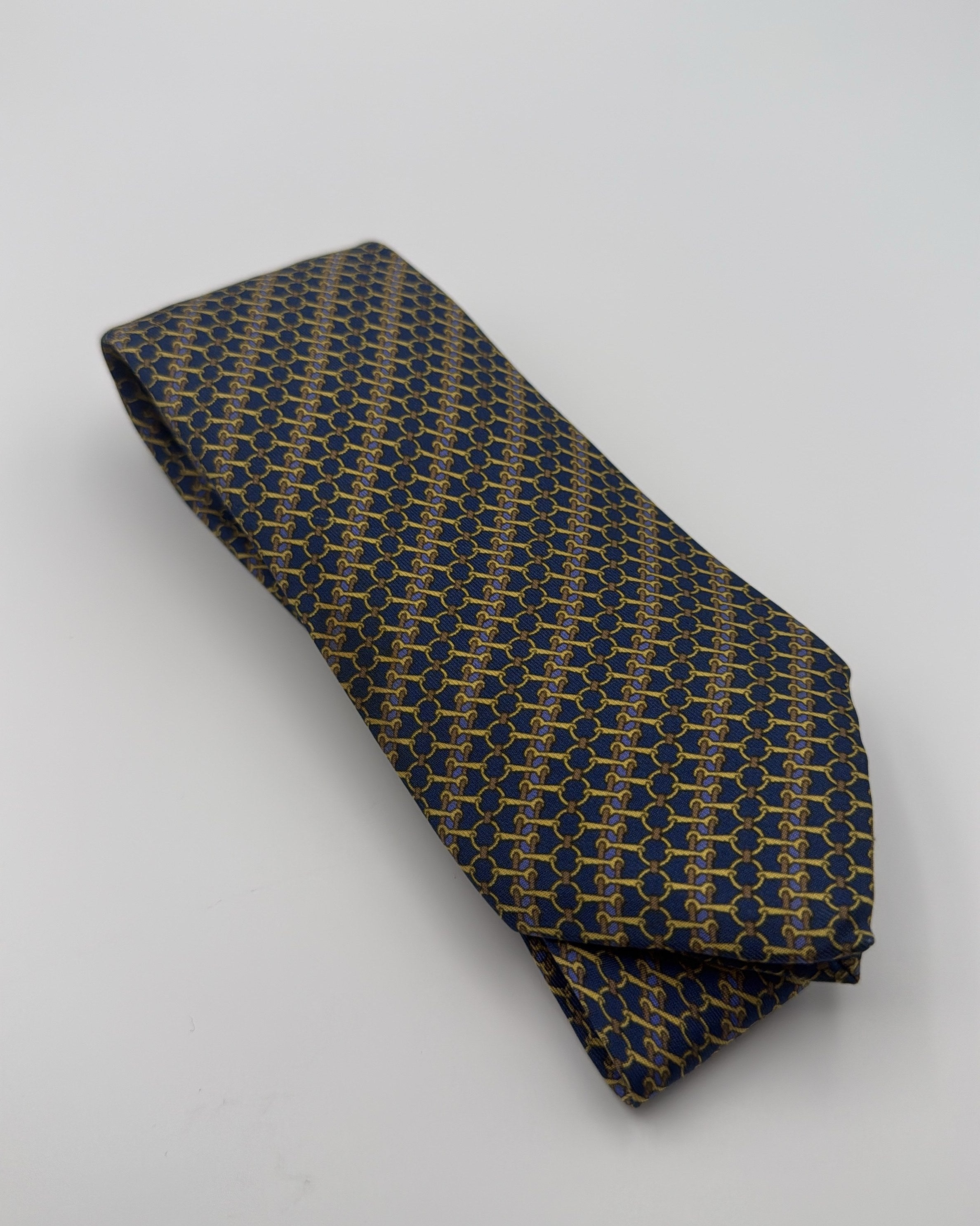 Hermès Paris Silk Tie 7200 UA Geometric Navy Gold Necktie Made in France