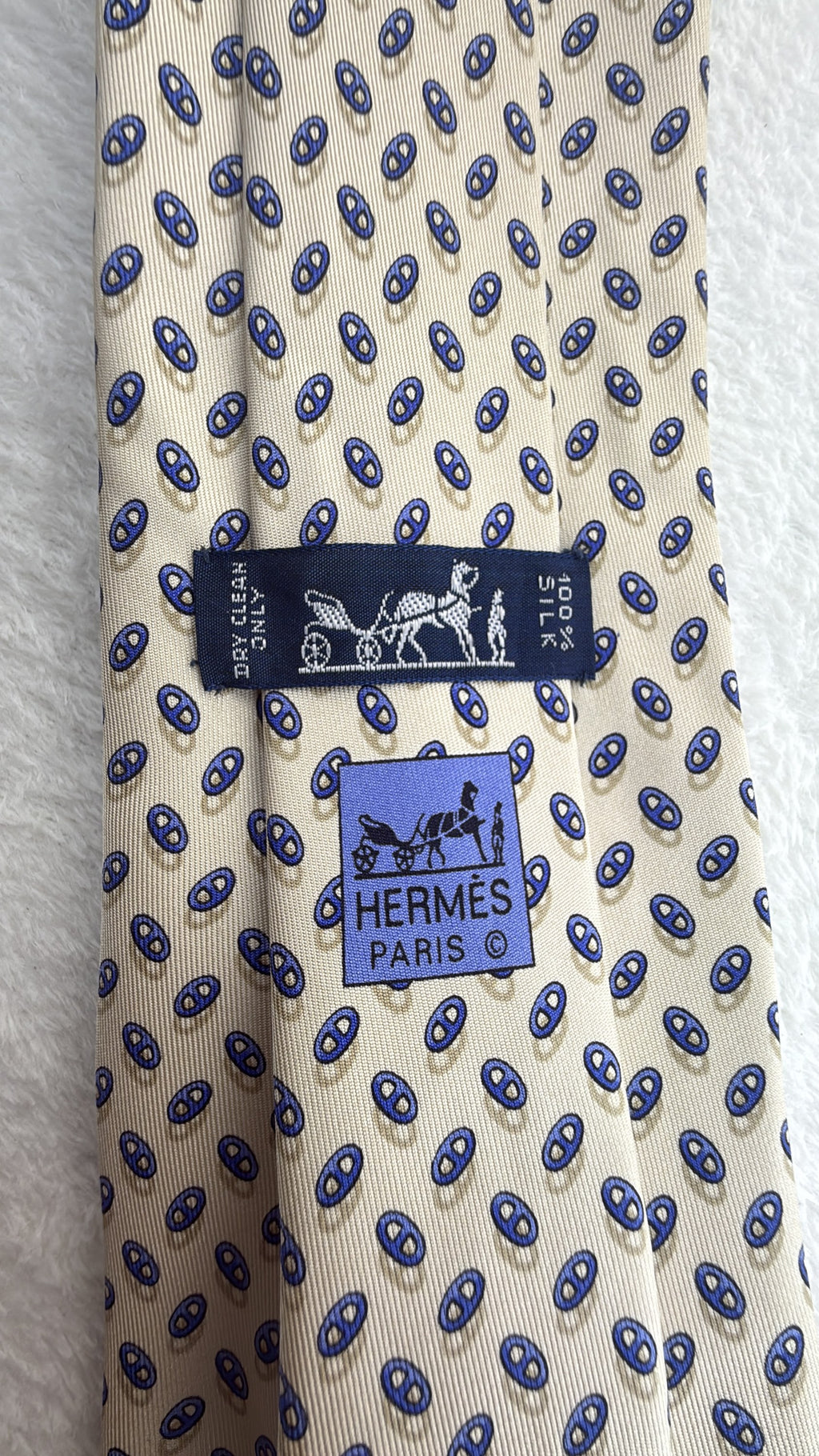 Hermès Paris Silk Tie Novelty/Motif Ivory Blue Necktie Made in France