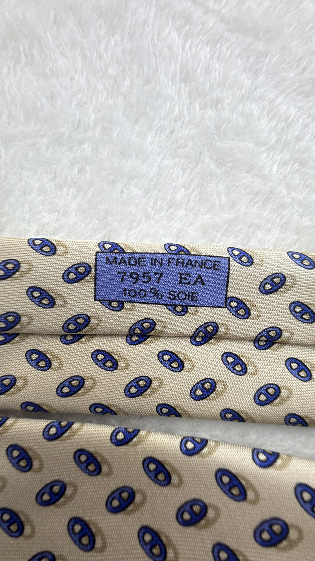 Hermès Paris Silk Tie Novelty/Motif Ivory Blue Necktie Made in France