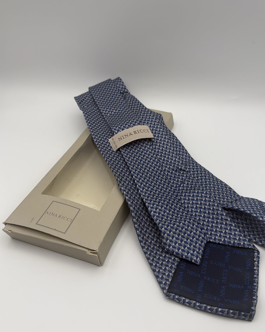 Nina Ricci Silk Tie Geometric Navy Grey Necktie Made in France