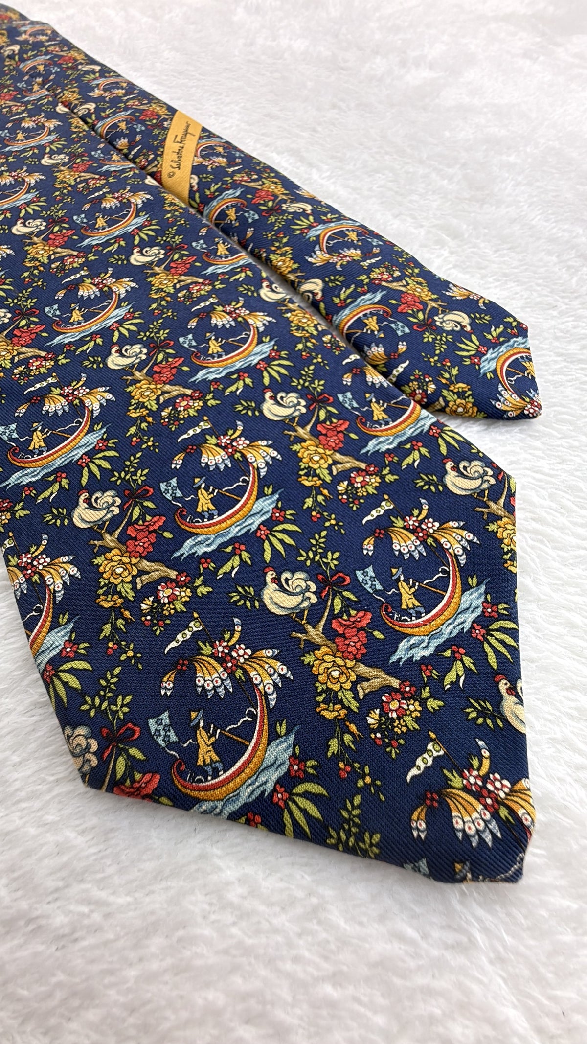 Salvatore Ferragamo Silk Tie Flowers Navy Multicolor Necktie Made in Italy