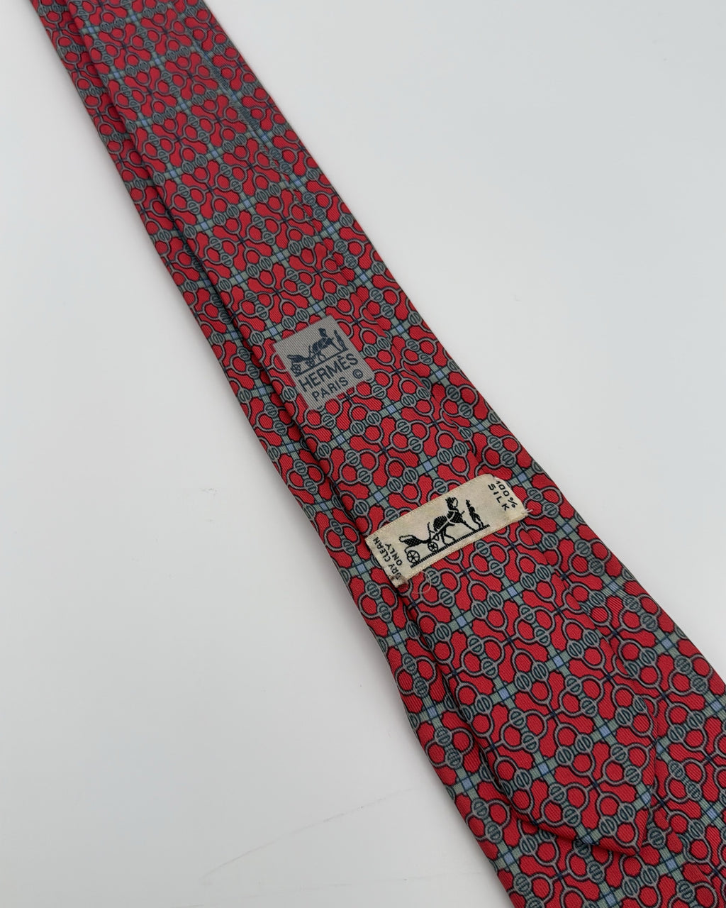 Vintage Hermès Paris Silk Tie 7076 OA Geometric Chains/links Red Grey Necktie