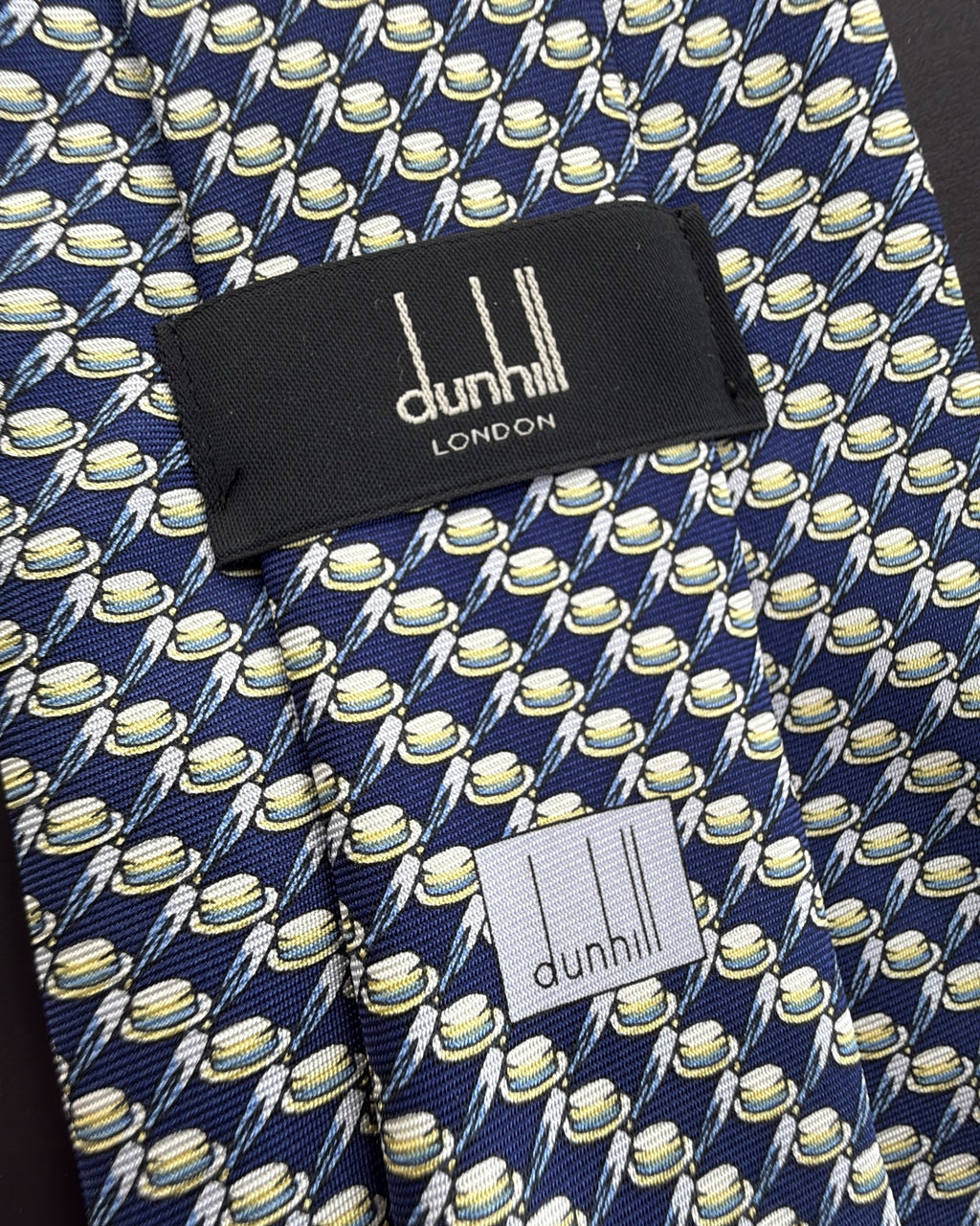 Alfred Dunhill Silk Tie Novelty/Motif Navy Yellow Necktie Made in Italy