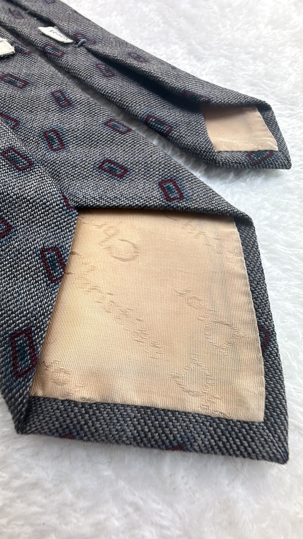 Vintage Christian Dior Silk, Wool Tie V-TK-03 Geometric Grey Burgundy Necktie