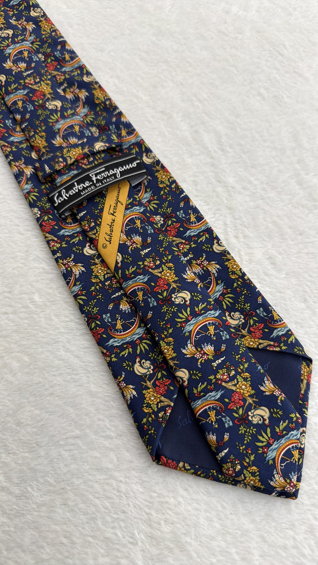 Salvatore Ferragamo Silk Tie Flowers Navy Multicolor Necktie Made in Italy