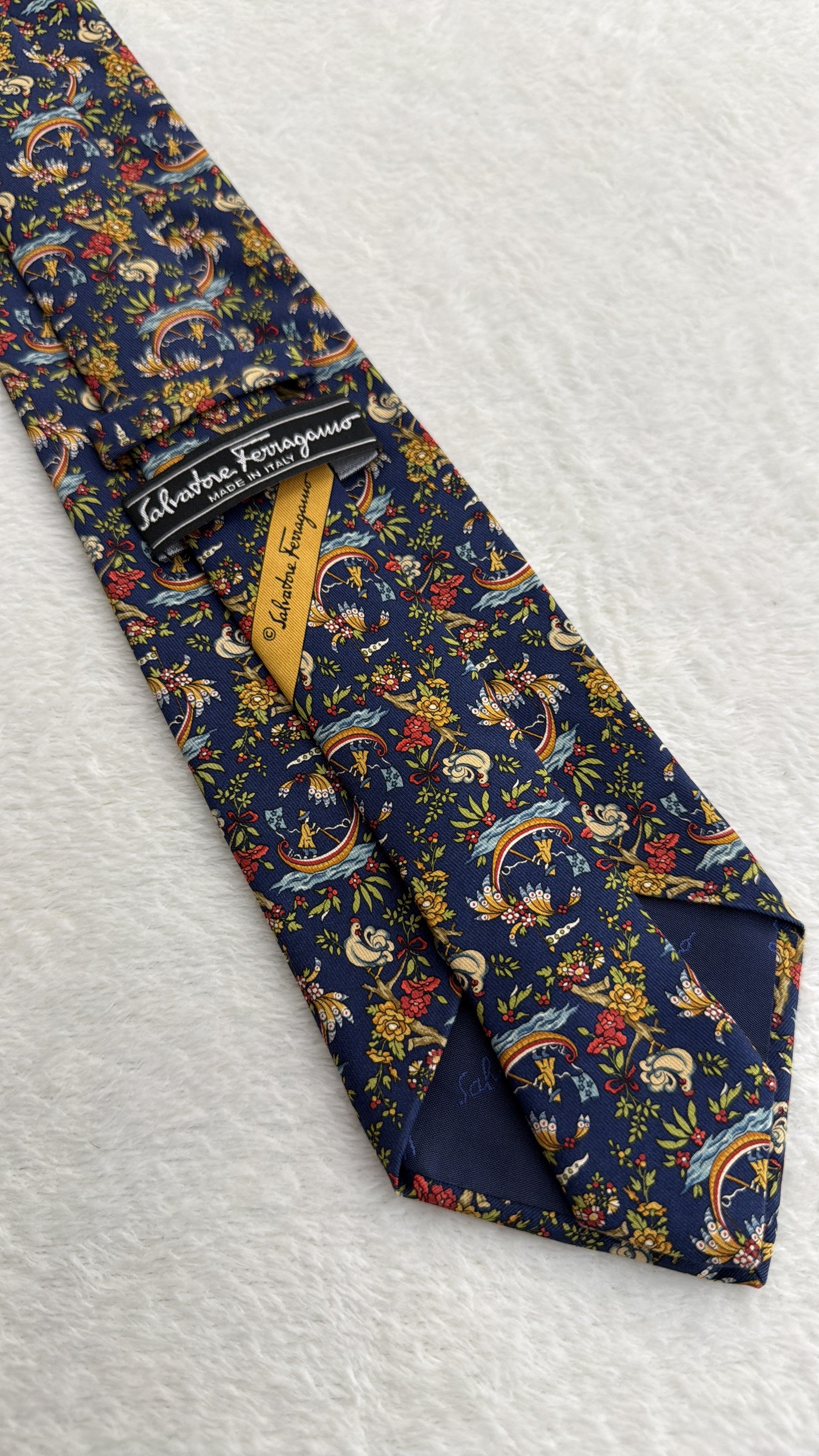 Salvatore Ferragamo Silk Tie Flowers Navy Multicolor Necktie Made in Italy