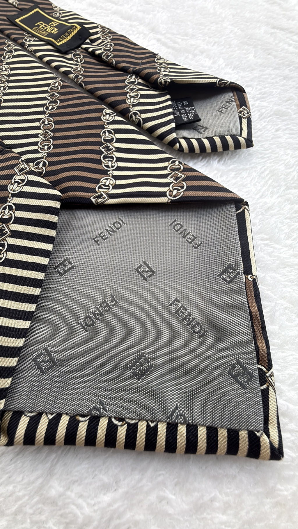 Fendi Silk Tie Striped Brown Beige Necktie Made in Italy