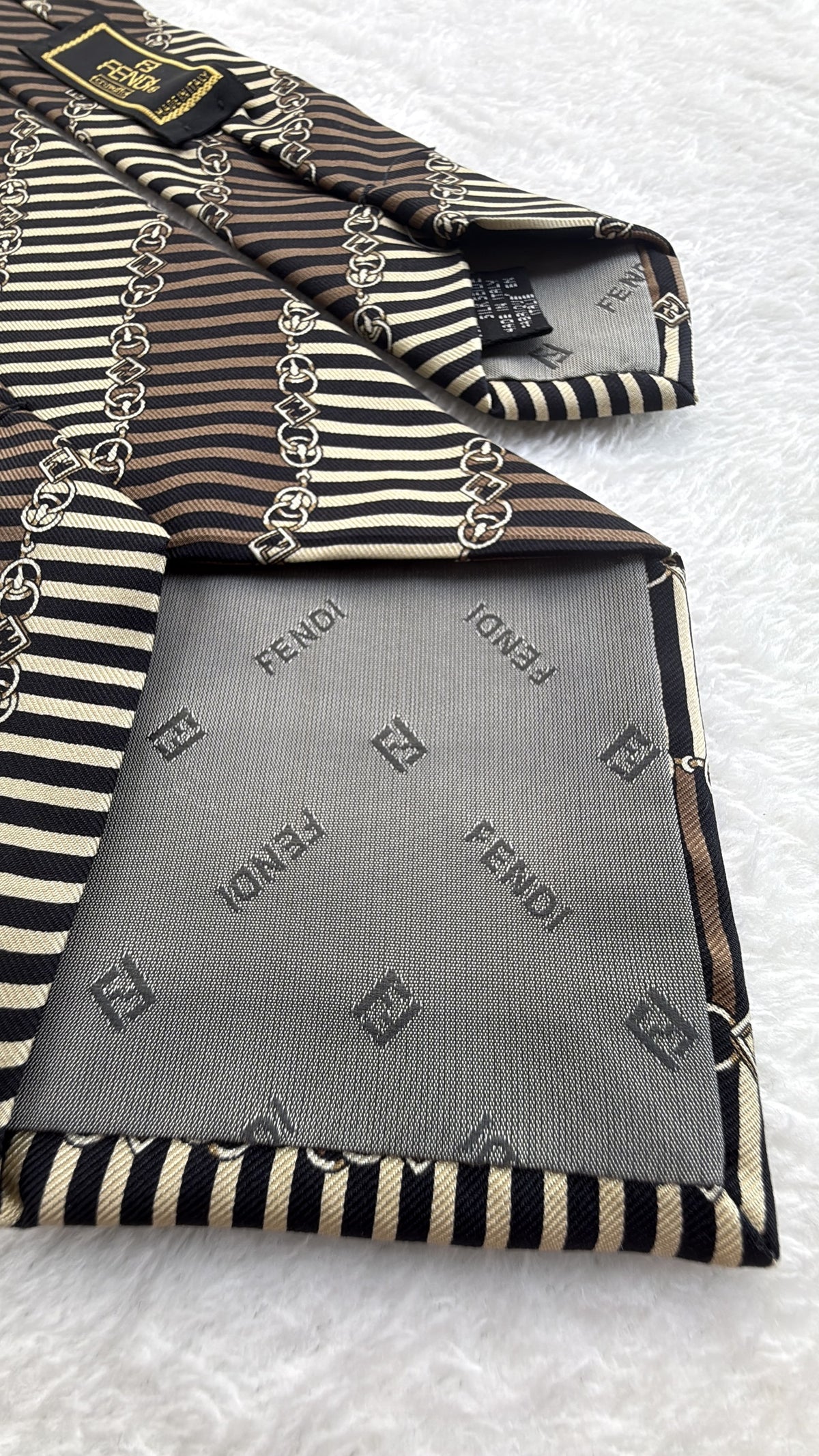 Fendi Silk Tie Striped Brown Beige Necktie Made in Italy