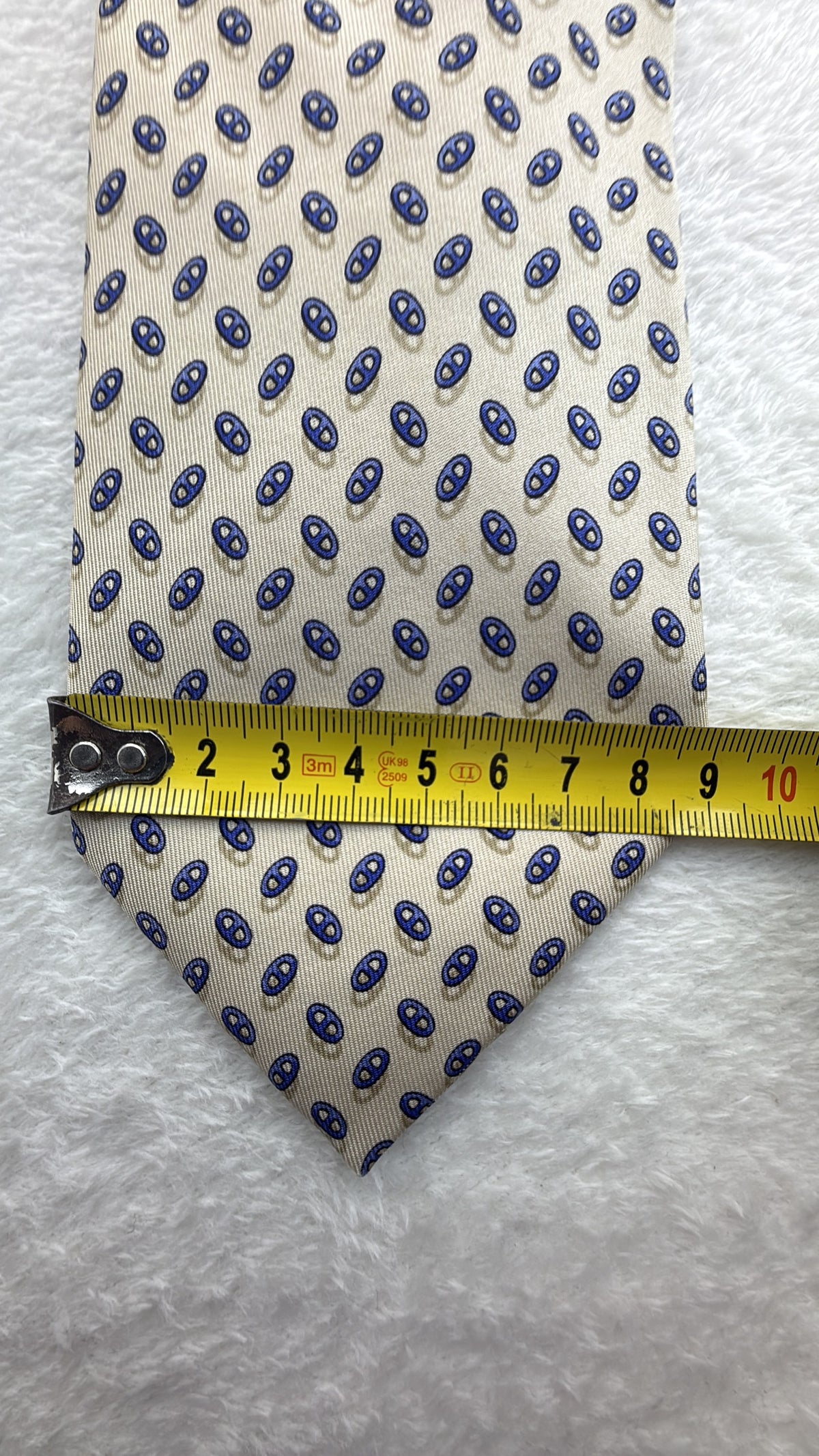 Hermès Paris Silk Tie Novelty/Motif Ivory Blue Necktie Made in France