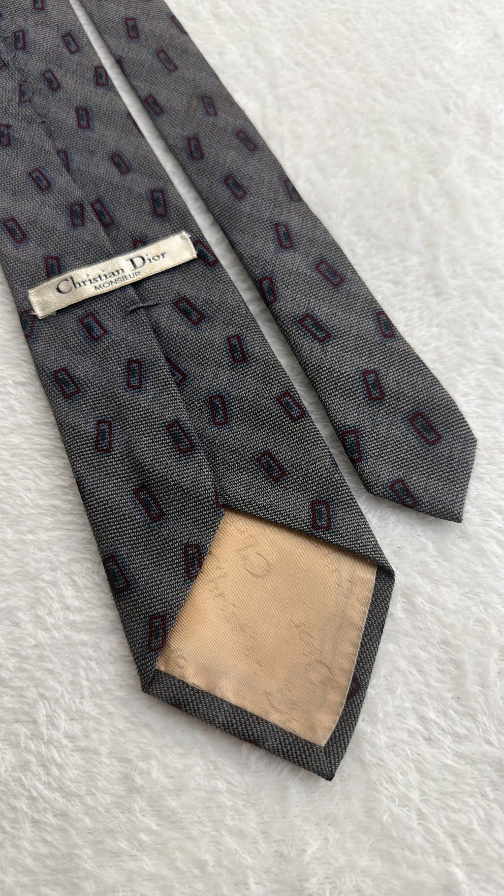 Vintage Christian Dior Silk, Wool Tie V-TK-03 Geometric Grey Burgundy Necktie