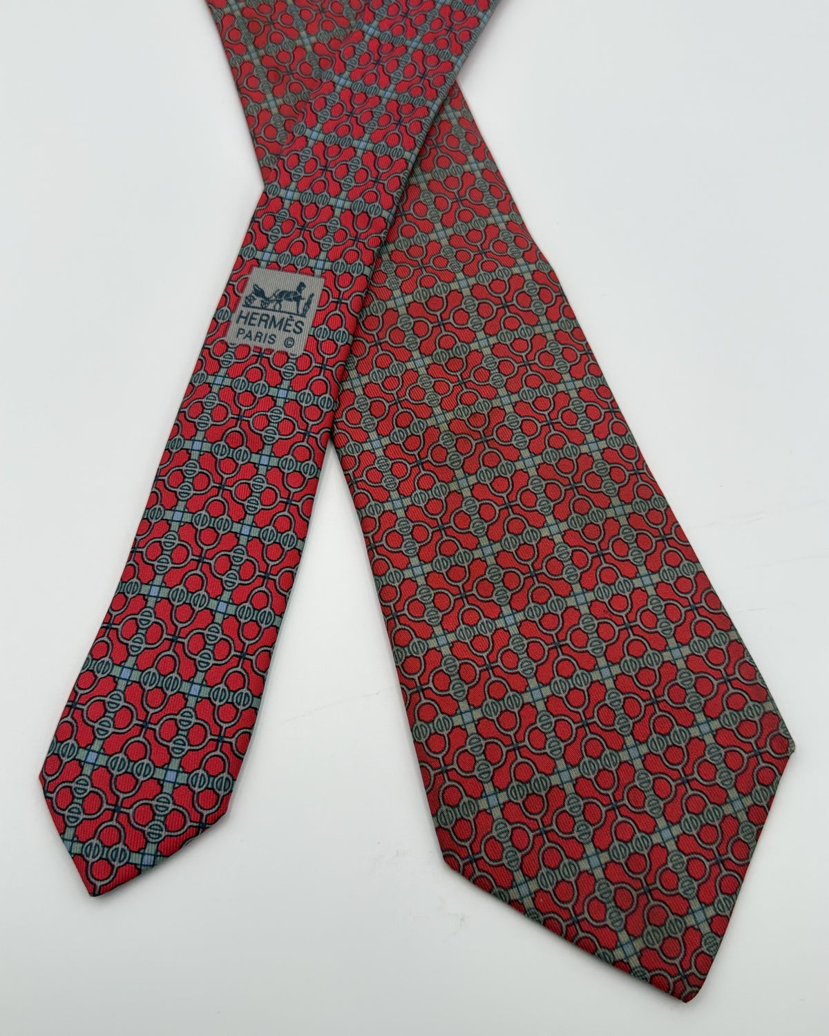 Vintage Hermès Paris Silk Tie 7076 OA Geometric Chains/links Red Grey Necktie