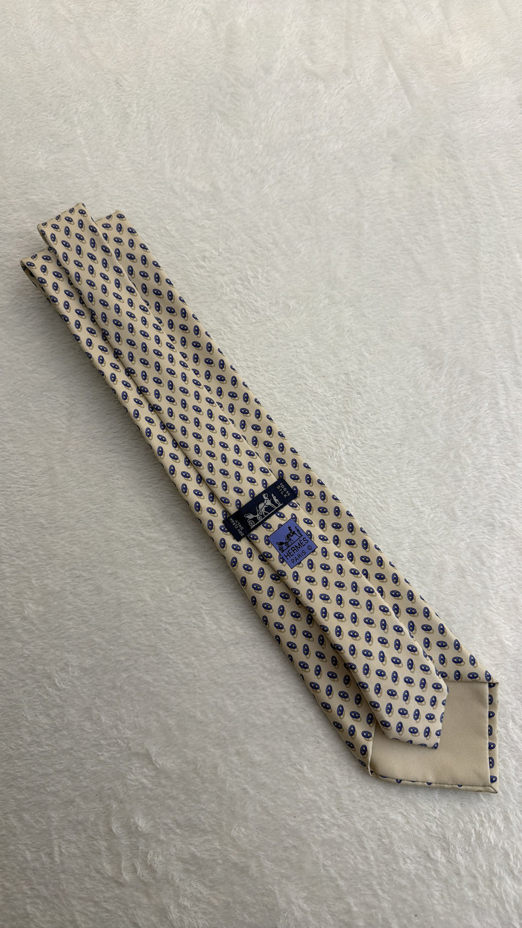 Hermès Paris Silk Tie Novelty/Motif Ivory Blue Necktie Made in France